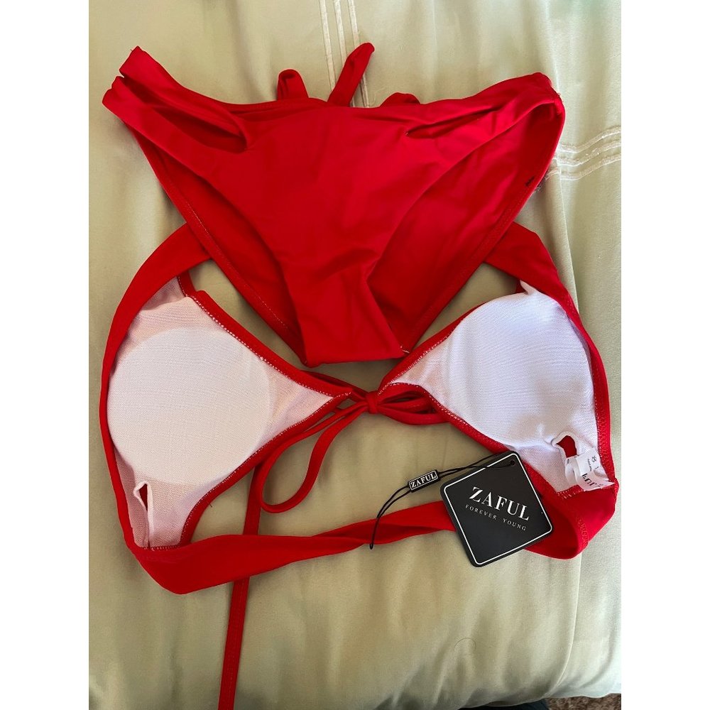 ZAFUL Red Tie Front Bikini Top w/ Matching Peek-a-Boo Racing Style Bikini Bottom - Picture 9 of 12